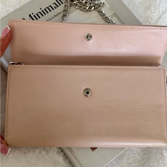 Authentic Chanel Coco Mark Sevruga Caviar Skin Flap Long Wallet On Chain Pink - Picture 3 of 16